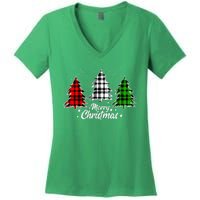 Merry Christmas Tree Xmas Buffalo Plaid Red White Green Women's V-Neck T-Shirt