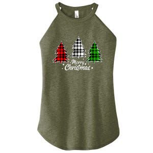 Merry Christmas Tree Xmas Buffalo Plaid Red White Green Women's Perfect Tri Rocker Tank