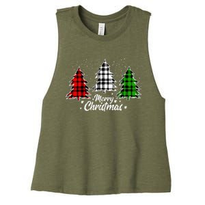 Merry Christmas Tree Xmas Buffalo Plaid Red White Green Women's Racerback Cropped Tank