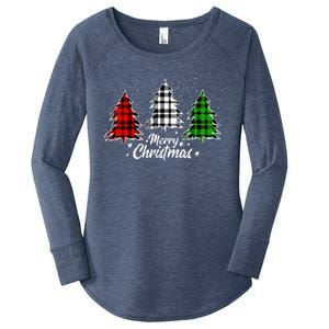 Merry Christmas Tree Xmas Buffalo Plaid Red White Green Women's Perfect Tri Tunic Long Sleeve Shirt