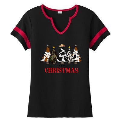 Merry Christmas Tree Western Cowhide Xmas Cowboy Farm Lover Ladies Halftime Notch Neck Tee