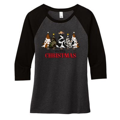 Merry Christmas Tree Western Cowhide Xmas Cowboy Farm Lover Women's Tri-Blend 3/4-Sleeve Raglan Shirt