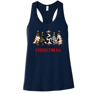 Merry Christmas Tree Western Cowhide Xmas Cowboy Farm Lover Women's Racerback Tank