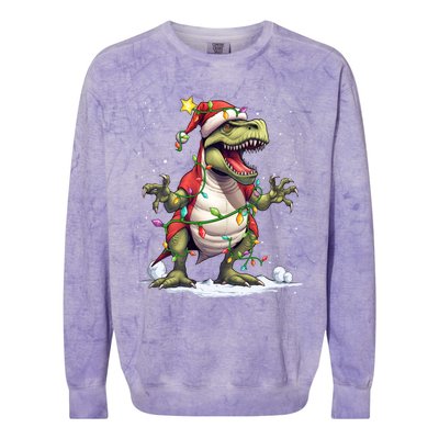 Merry Christmas Trex Snow Xmas Funny Tree Rex Xmas Lights Gift Colorblast Crewneck Sweatshirt