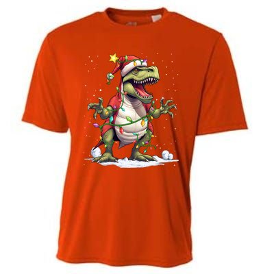 Merry Christmas Trex Snow Xmas Funny Tree Rex Xmas Lights Gift Cooling Performance Crew T-Shirt