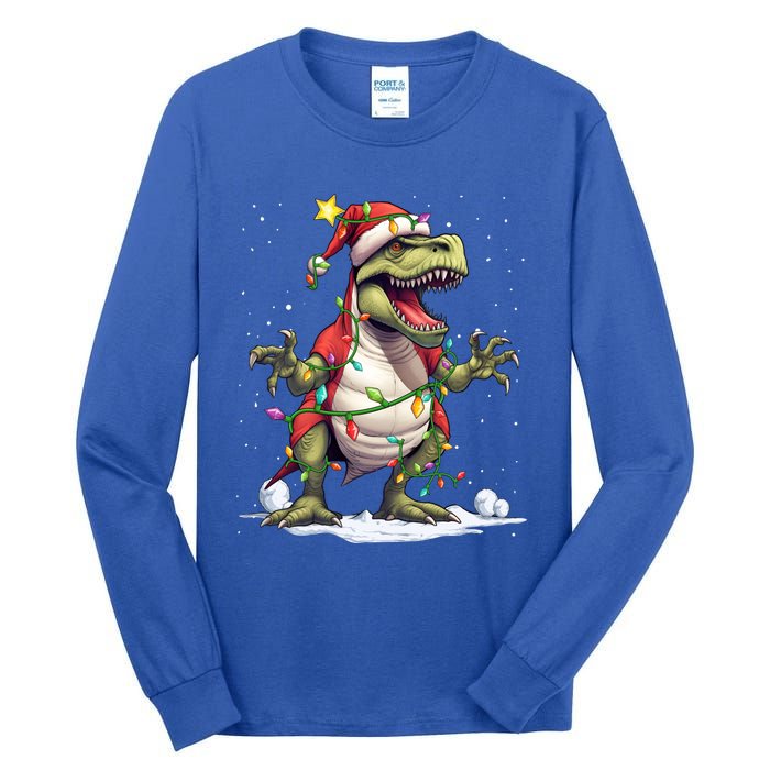 Merry Christmas Trex Snow Xmas Funny Tree Rex Xmas Lights Gift Tall Long Sleeve T-Shirt