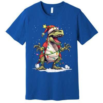 Merry Christmas Trex Snow Xmas Funny Tree Rex Xmas Lights Gift Premium T-Shirt