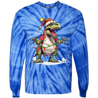 Merry Christmas Trex Snow Xmas Funny Tree Rex Xmas Lights Gift Tie-Dye Long Sleeve Shirt