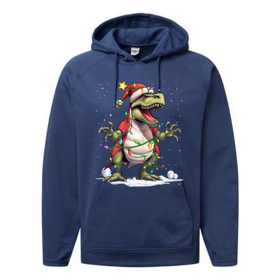 Merry Christmas Trex Snow Xmas Funny Tree Rex Xmas Lights Gift Performance Fleece Hoodie