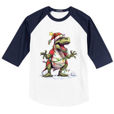 Merry Christmas Trex Snow Xmas Funny Tree Rex Xmas Lights Gift Baseball Sleeve Shirt