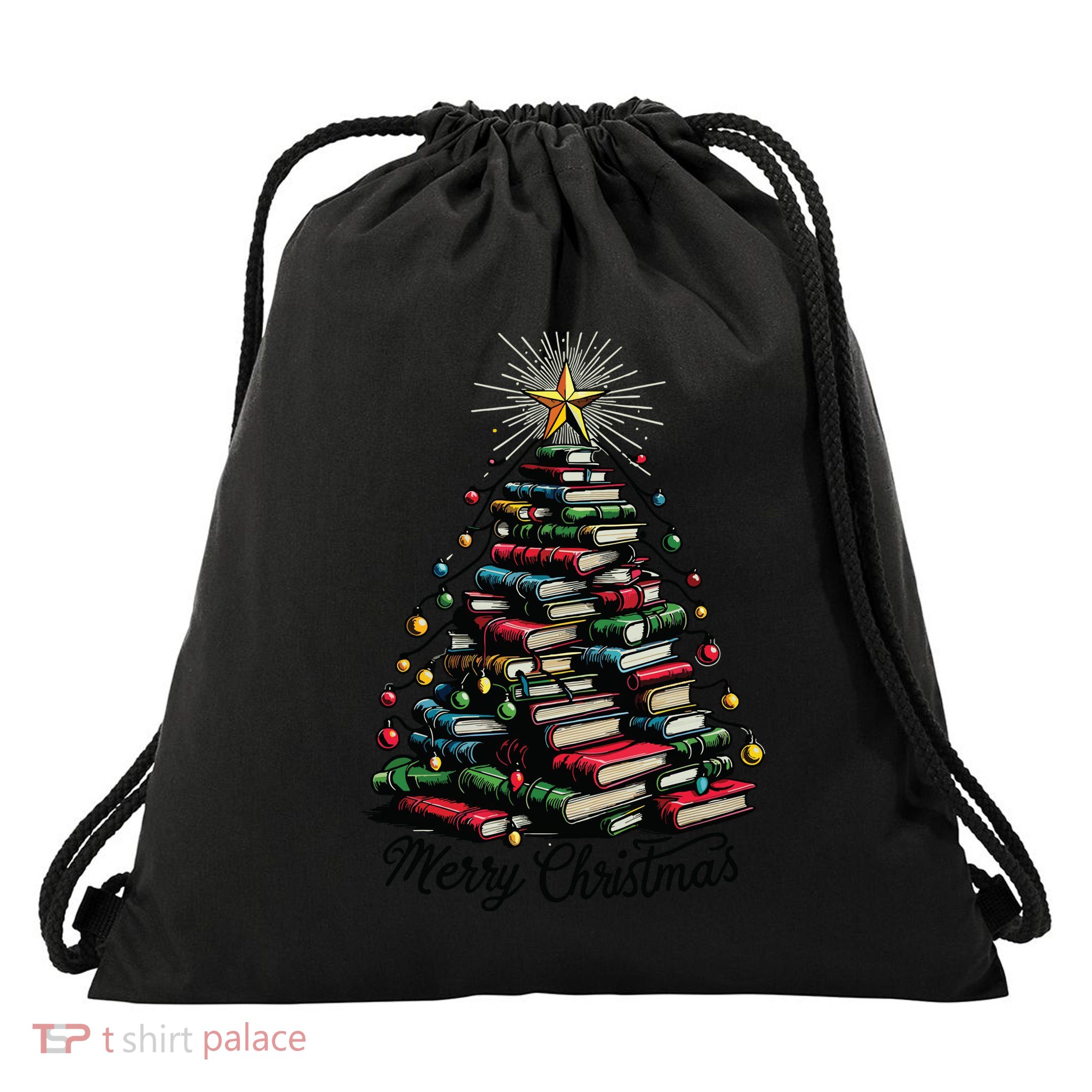 Merry Christmas Tree Love Reading Books Librarian Drawstring Bag