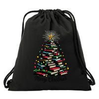 Merry Christmas Tree Love Reading Books Librarian Drawstring Bag