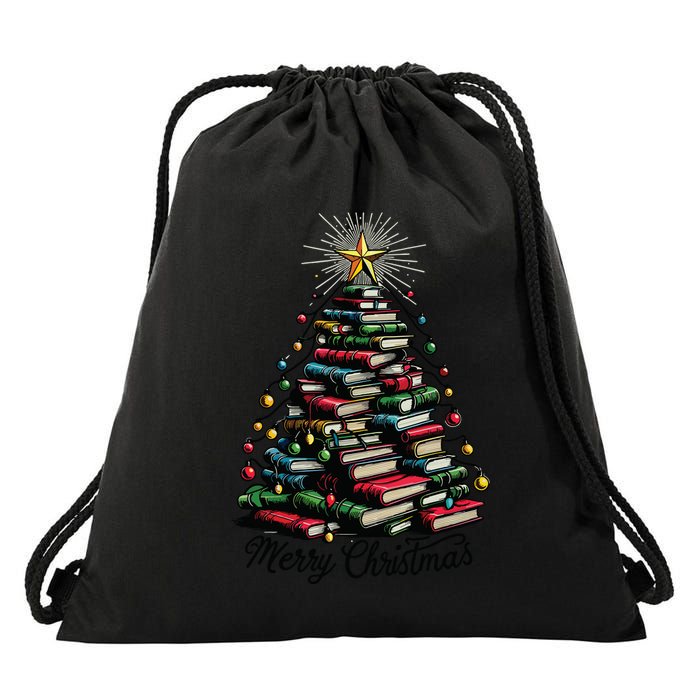 Merry Christmas Tree Love Reading Books Librarian Drawstring Bag