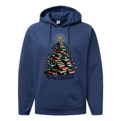 Merry Christmas Tree Love Reading Books Librarian Performance Fleece Hoodie