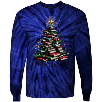 Merry Christmas Tree Love Reading Books Librarian Tie-Dye Long Sleeve Shirt