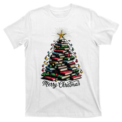 Merry Christmas Tree Love Reading Books Librarian T-Shirt