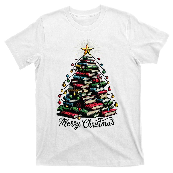 Merry Christmas Tree Love Reading Books Librarian T-Shirt