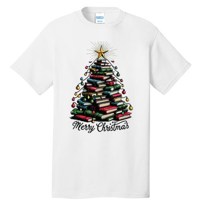 Merry Christmas Tree Love Reading Books Librarian Tall T-Shirt