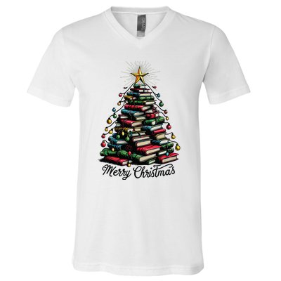 Merry Christmas Tree Love Reading Books Librarian V-Neck T-Shirt