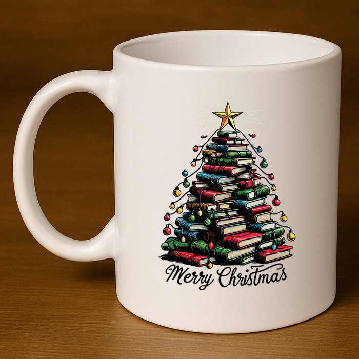 Merry Christmas Tree Love Reading Books Librarian 11oz C Handle Ceramic Mug