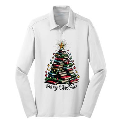 Merry Christmas Tree Love Reading Books Librarian Silk Touch Performance Long Sleeve Polo