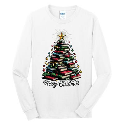 Merry Christmas Tree Love Reading Books Librarian Tall Long Sleeve T-Shirt