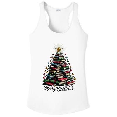 Merry Christmas Tree Love Reading Books Librarian Ladies PosiCharge Competitor Racerback Tank