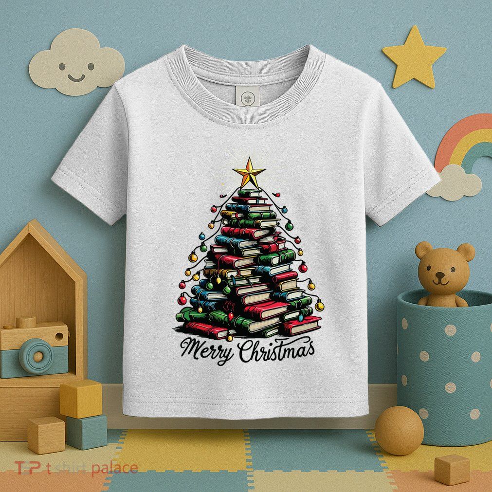 Merry Christmas Tree Love Reading Books Librarian Toddler T-Shirt