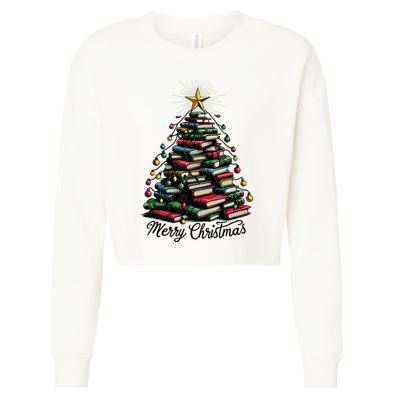 Merry Christmas Tree Love Reading Books Librarian Cropped Pullover Crew