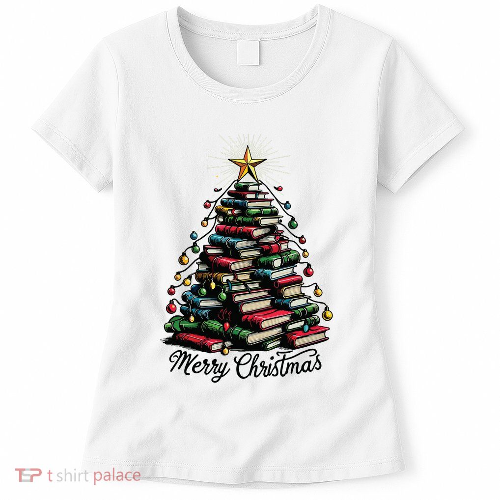 Merry Christmas Tree Love Reading Books Librarian Womens T-Shirt