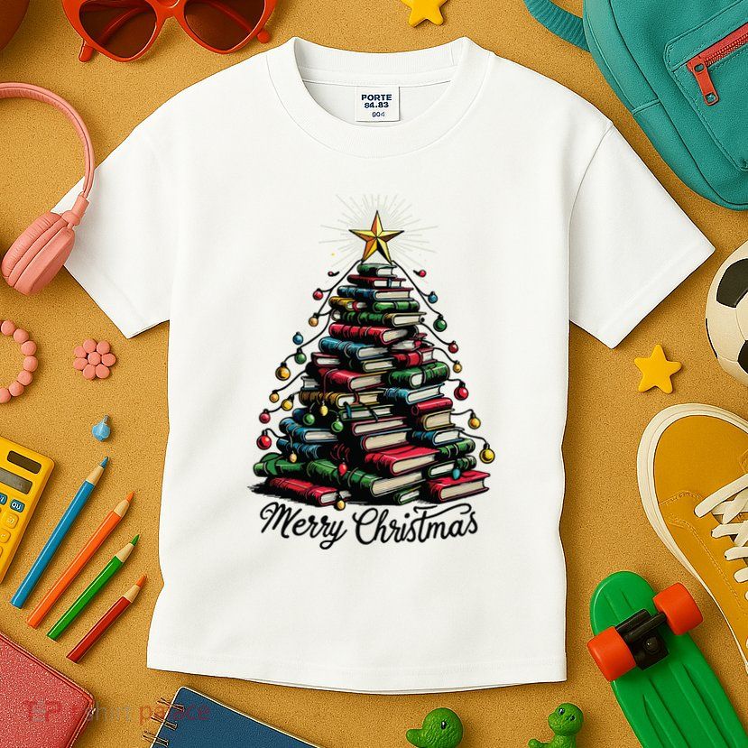 Merry Christmas Tree Love Reading Books Librarian Kids T-Shirt