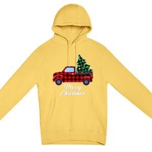 Merry Christmas Tree Buffalo Plaid Red Truck Premium Pullover Hoodie