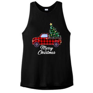 Merry Christmas Tree Buffalo Plaid Red Truck Ladies PosiCharge Tri-Blend Wicking Tank