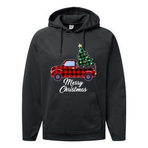 Merry Christmas Tree Buffalo Plaid Red Truck Performance Fleece Hoodie