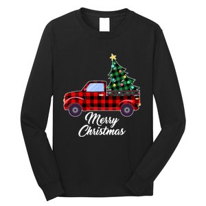 Merry Christmas Tree Buffalo Plaid Red Truck Long Sleeve Shirt