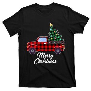 Merry Christmas Tree Buffalo Plaid Red Truck T-Shirt