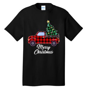 Merry Christmas Tree Buffalo Plaid Red Truck Tall T-Shirt