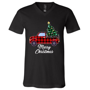 Merry Christmas Tree Buffalo Plaid Red Truck V-Neck T-Shirt