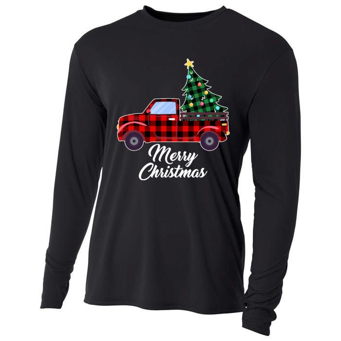 Merry Christmas Tree Buffalo Plaid Red Truck Cooling Performance Long Sleeve Crew