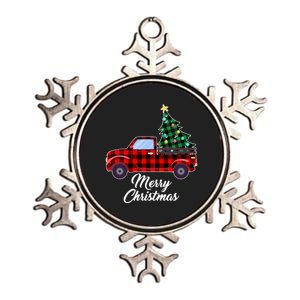 Merry Christmas Tree Buffalo Plaid Red Truck Metallic Star Ornament