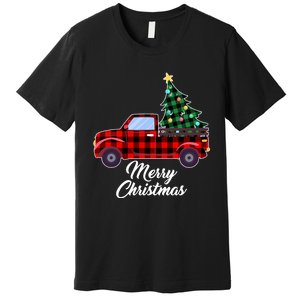 Merry Christmas Tree Buffalo Plaid Red Truck Premium T-Shirt