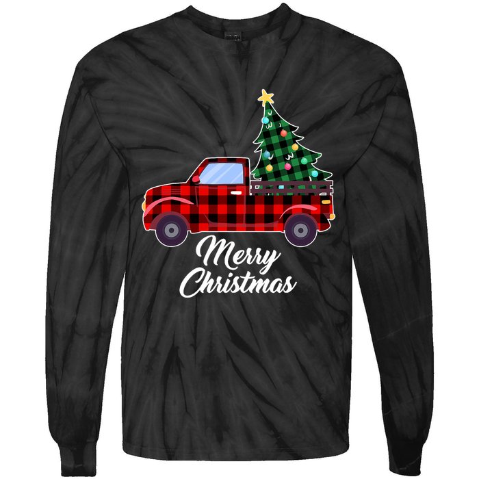 Merry Christmas Tree Buffalo Plaid Red Truck Tie-Dye Long Sleeve Shirt