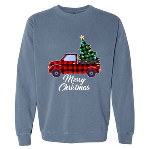 Merry Christmas Tree Buffalo Plaid Red Truck Garment-Dyed Sweatshirt