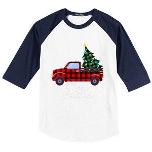 Merry Christmas Tree Buffalo Plaid Red Truck Baseball Sleeve Shirt