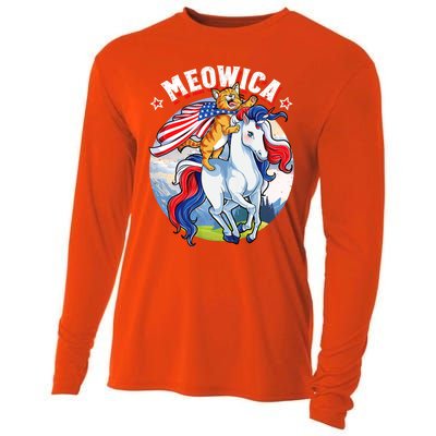 Meowica Cat Unicorn 4th Of July Merica Cooling Performance Long Sleeve Crew