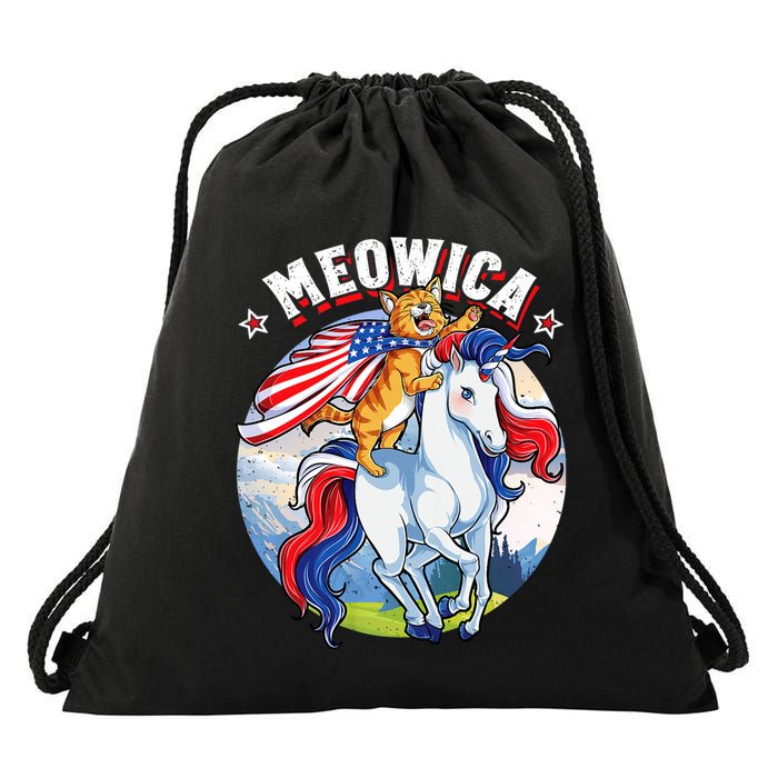 Meowica Cat Unicorn 4th Of July Merica Drawstring Bag