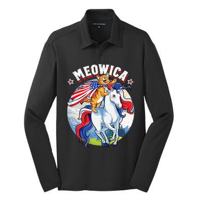 Meowica Cat Unicorn 4th Of July Merica Silk Touch Performance Long Sleeve Polo