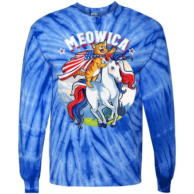 Meowica Cat Unicorn 4th Of July Merica Tie-Dye Long Sleeve Shirt