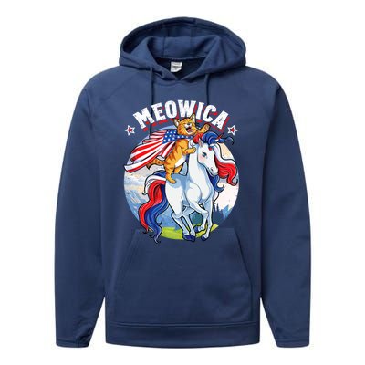 Meowica Cat Unicorn 4th Of July Merica Performance Fleece Hoodie