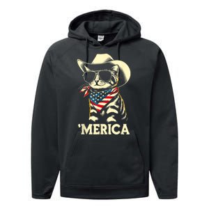 Merica Cat Usa Flag 4th Of July Performance Fleece Hoodie